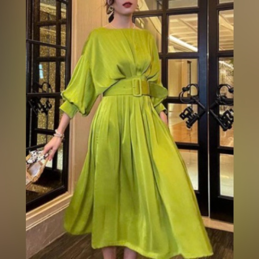 Elegant Lime Green Belted Maxi Dress